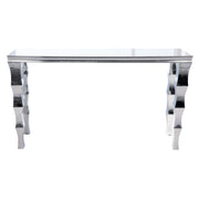 A modern console table with a rectangular mirrored top and sculptural, wavy chrome legs, shown against a plain white background.