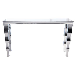 A modern console table with a rectangular mirrored top and sculptural, wavy chrome legs, shown against a plain white background.