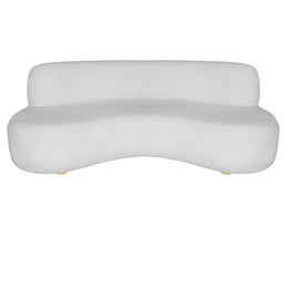 A modern curved white sofa with a low back and small gold-toned feet, shown against a plain white background.