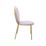 Chair with pink cushioned seat and backrest on gold metal frame against a white background