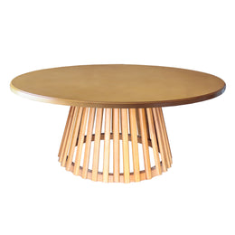 A round wooden dining table with a medium brown top and a light natural wood slatted pedestal base.