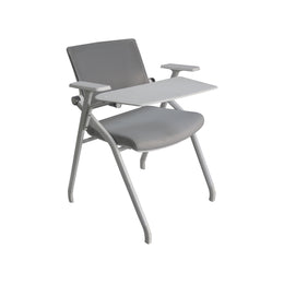 Gray chair with a attached writing desk on a white background