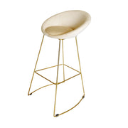 Bar stool with a white seat and gold metal frame on a white background