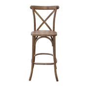 Wooden bar stool with a cross-back design on a white background