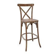Wooden bar stool with a cross-back design on a white background