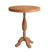 A round wooden  table with a warm medium-brown finish, featuring a turned spindle base and three curved legs, shown on a plain white background.