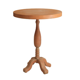 A round wooden  table with a warm medium-brown finish, featuring a turned spindle base and three curved legs, shown on a plain white background.