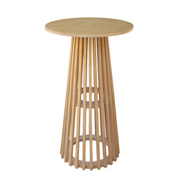 Wooden cocktail table with cylindrical design on a white background
