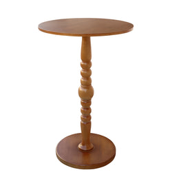 A round wooden pub cocktail table with a turned spindle pedestal base and a circular footstool-style bottom plate.